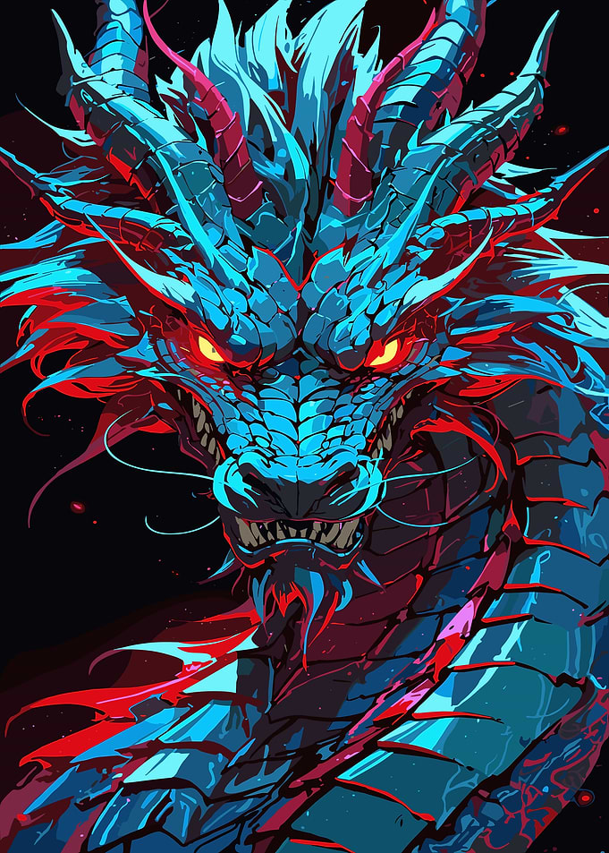 Aggressive Blue and Red Dragon Portrait