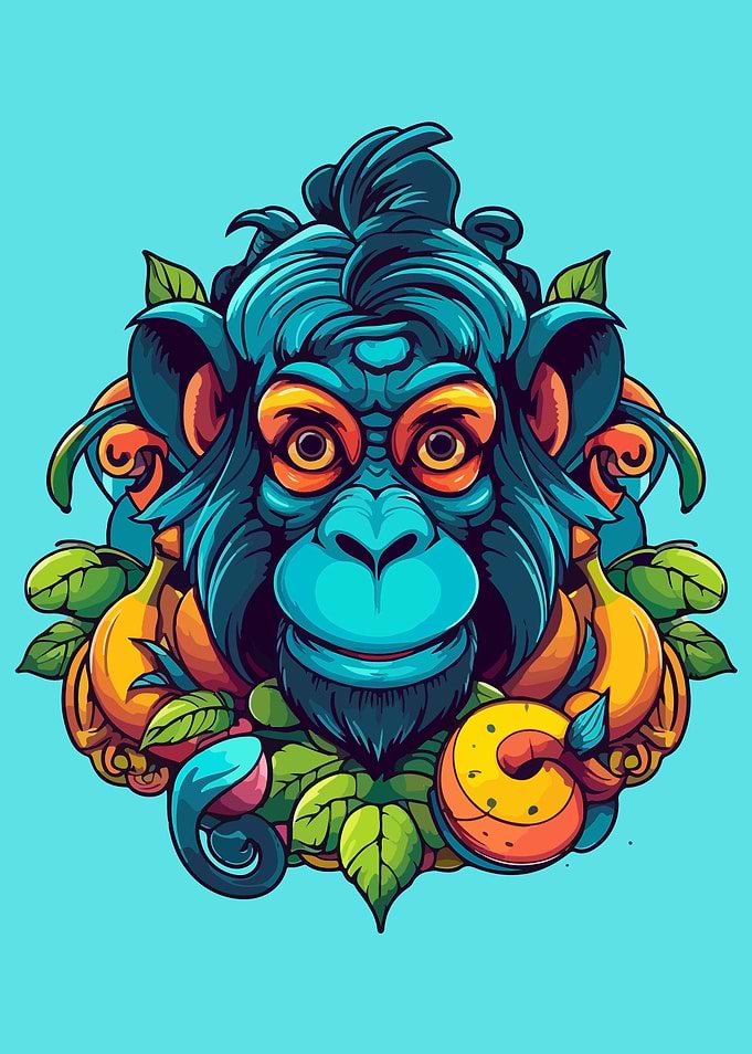 Stylized Blue Monkey with Fruit