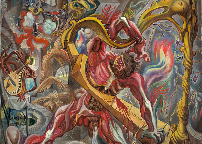 Surrealist painting of a tormented figure
