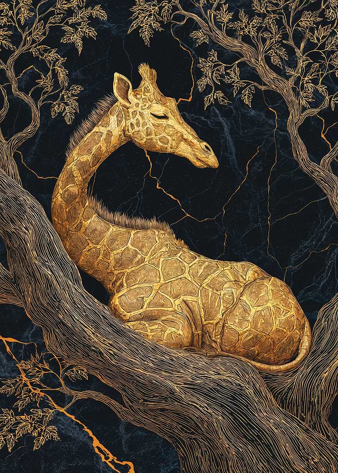 Golden Giraffe Resting On Tree