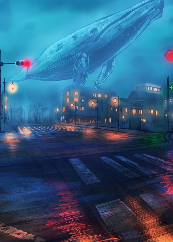 Whale Flying Over Cityscape