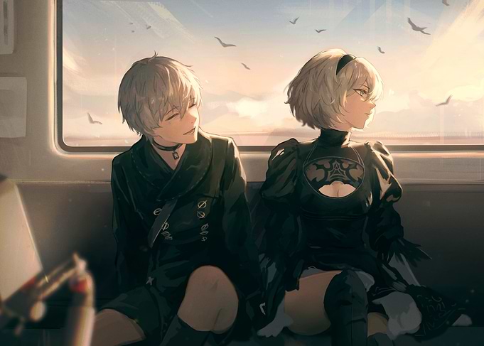 Nier Automata characters on a train