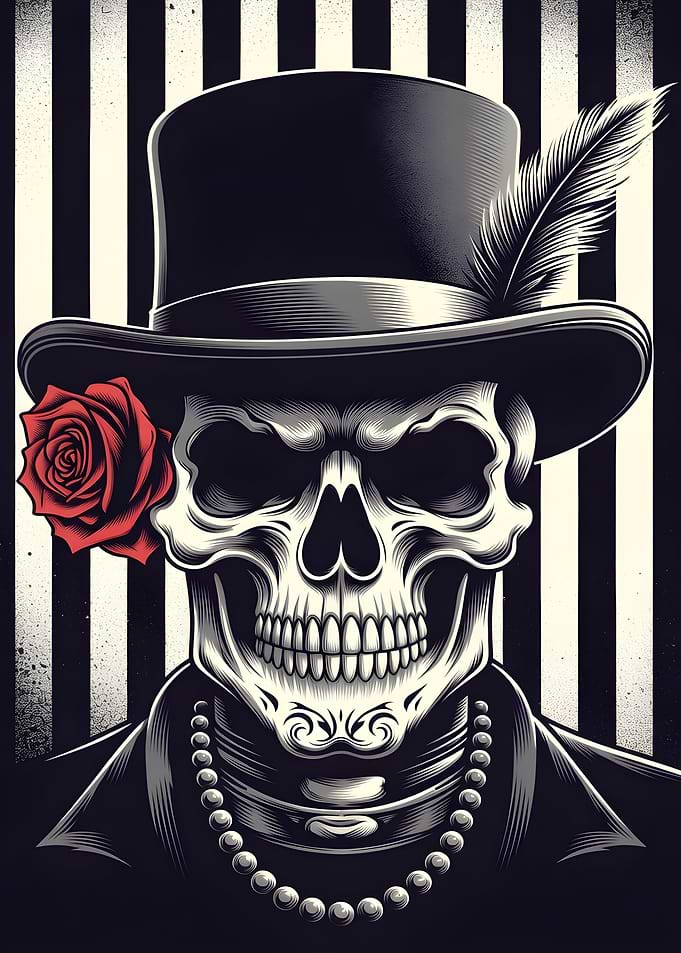 Skeleton in Top Hat with Rose