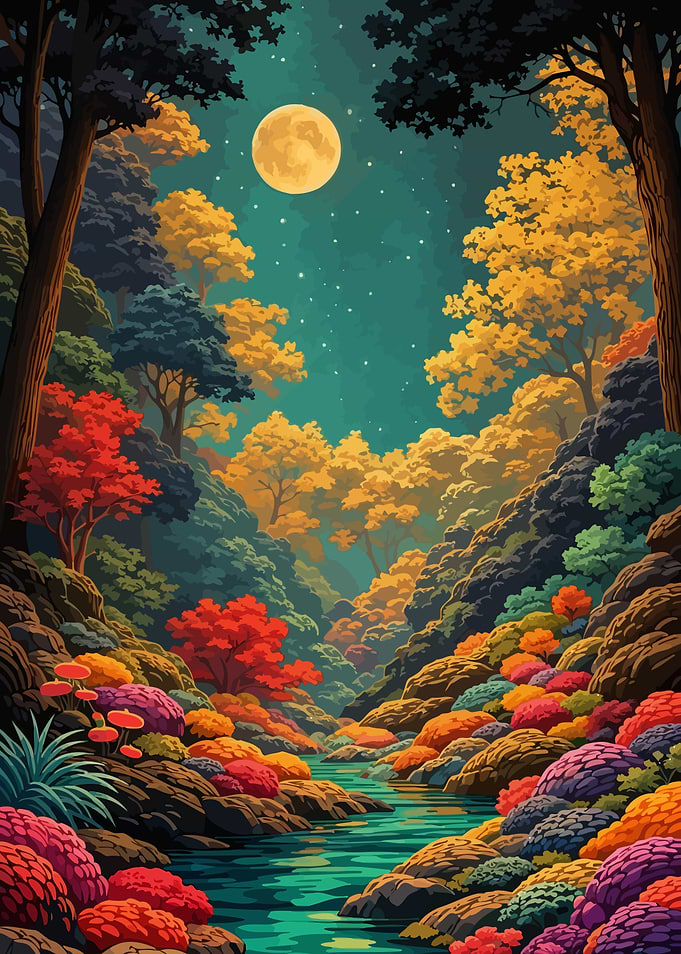 Enchanted Forest River Under a Full Moon