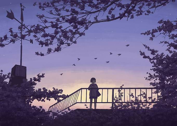 Girl watching birds at sunset