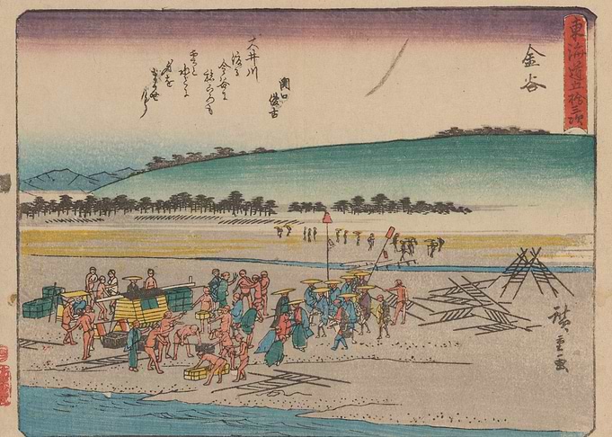 Ukiyo-e print of workers by a river