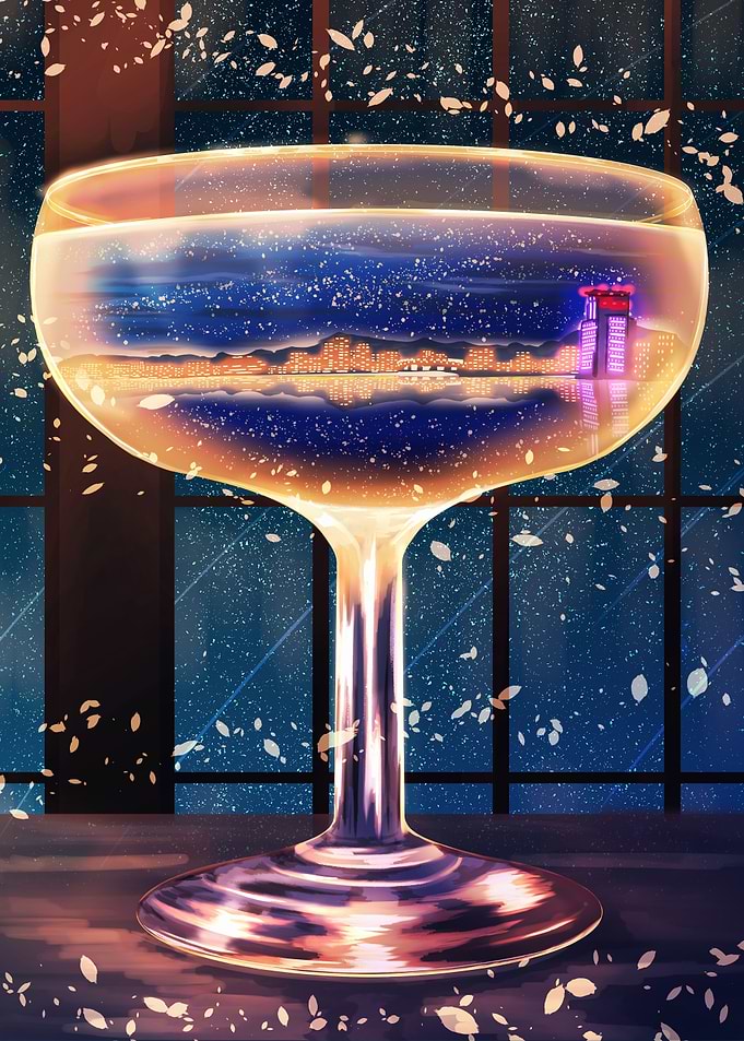 Cityscape Reflected in Champagne Glass