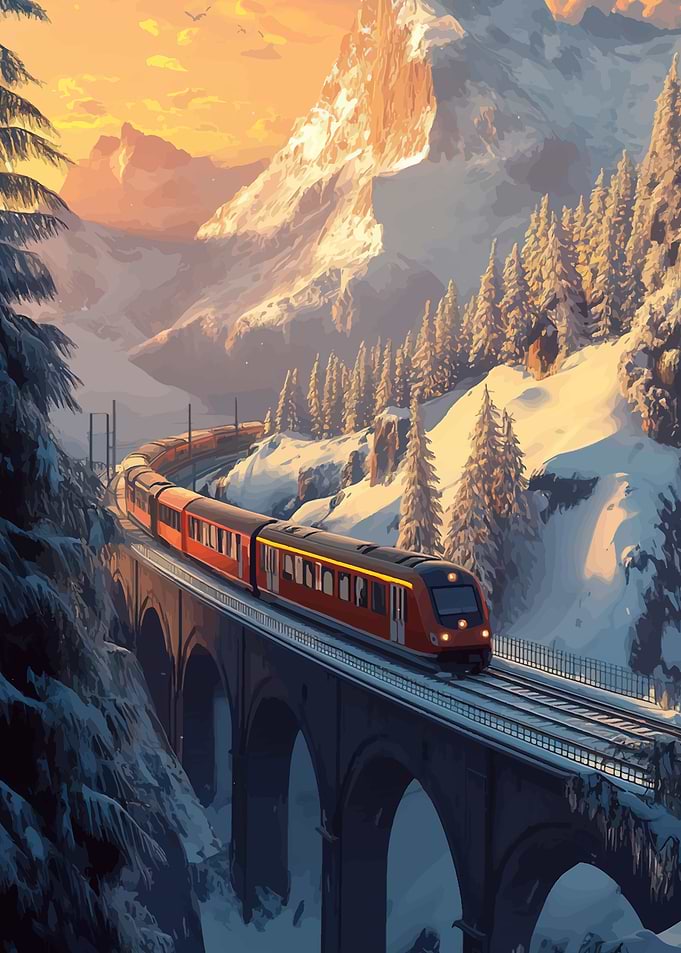 Train Crossing Snowy Mountain Bridge