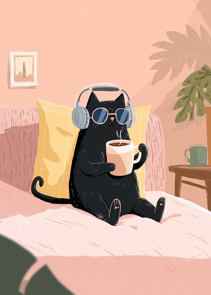 Black cat with headphones and coffee