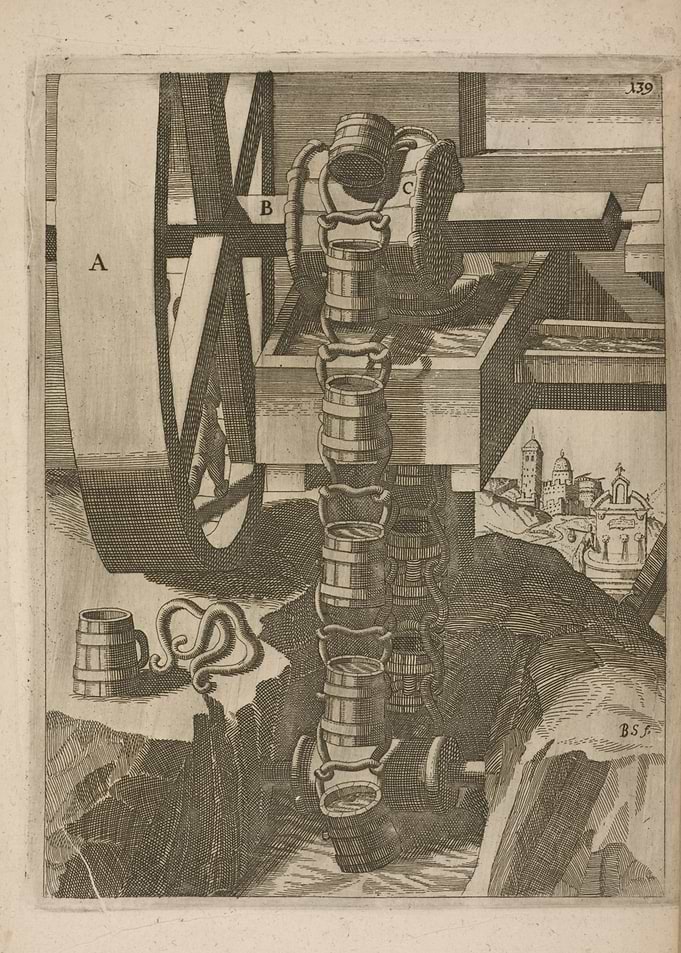 Water Wheel with Buckets and Cityscape