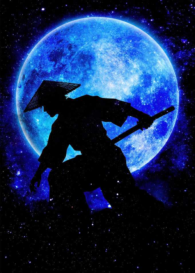 Samurai Silhouette Under Blue Moon