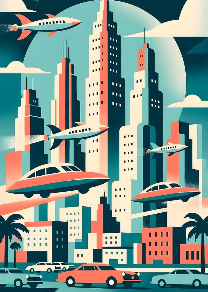 Retro Futuristic Cityscape with Flying Cars