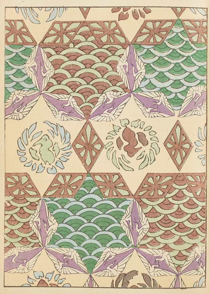 Japanese Geometric Crane and Wave Pattern