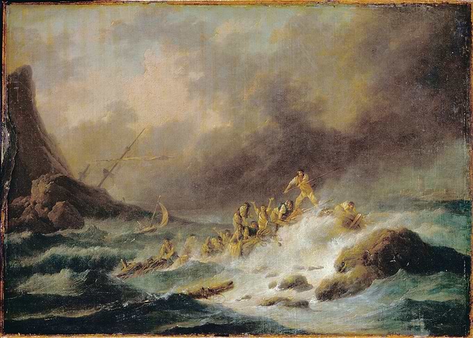 Shipwreck survivors on rocks
