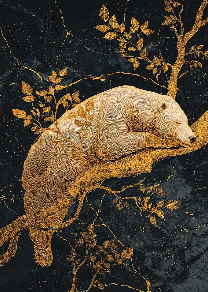 Golden Polar Bear Resting on Tree Branch