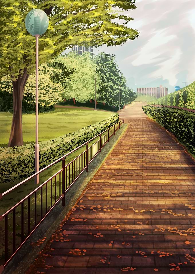 Park pathway with trees and buildings
