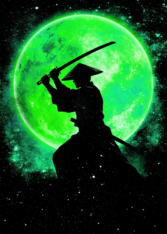 Samurai Silhouette Under Green Moon