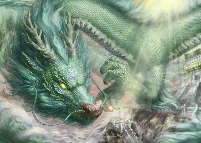 Majestic Green Dragon Overlooking Temple