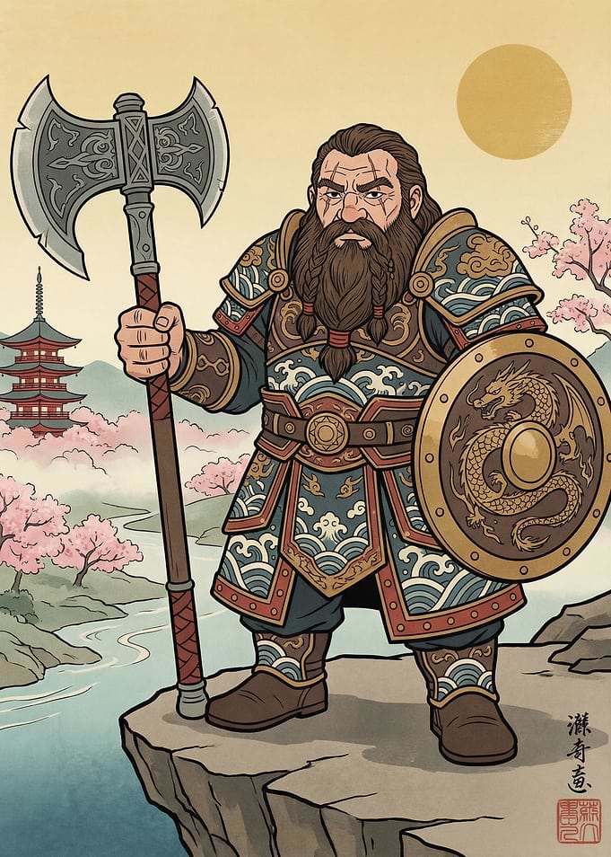 Dwarf Warrior in Japanese Landscape