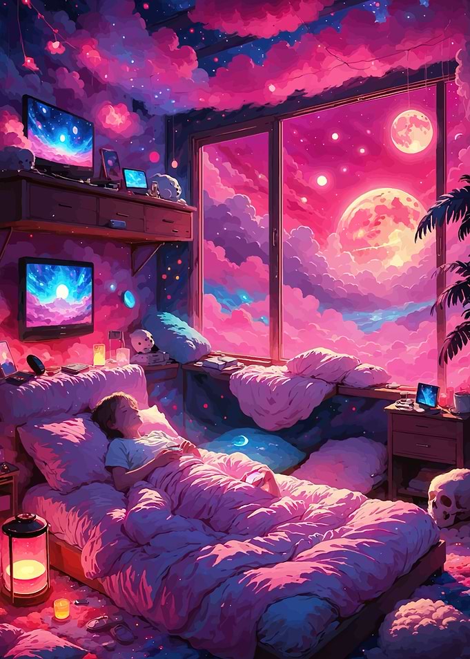 Dreamy Bedroom with Cosmic Sky View