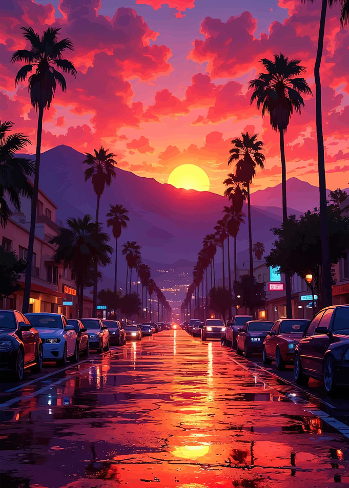 Sunset over a palm-lined street