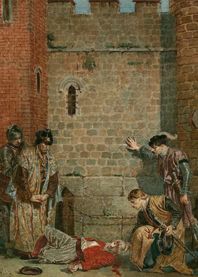 Medieval scene of a fallen man