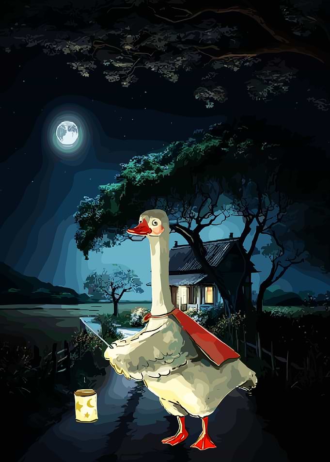 Goose with Lantern at Night