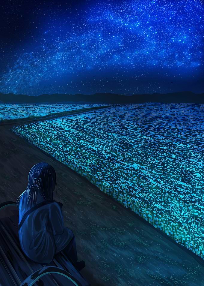 Girl watching starry night over field