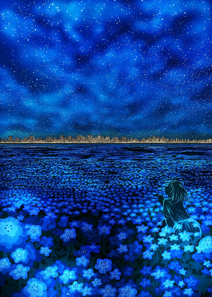Girl in a field of glowing flowers under starry sky