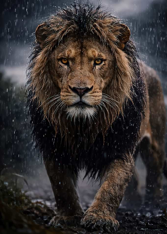 Majestic Lion in the Rain