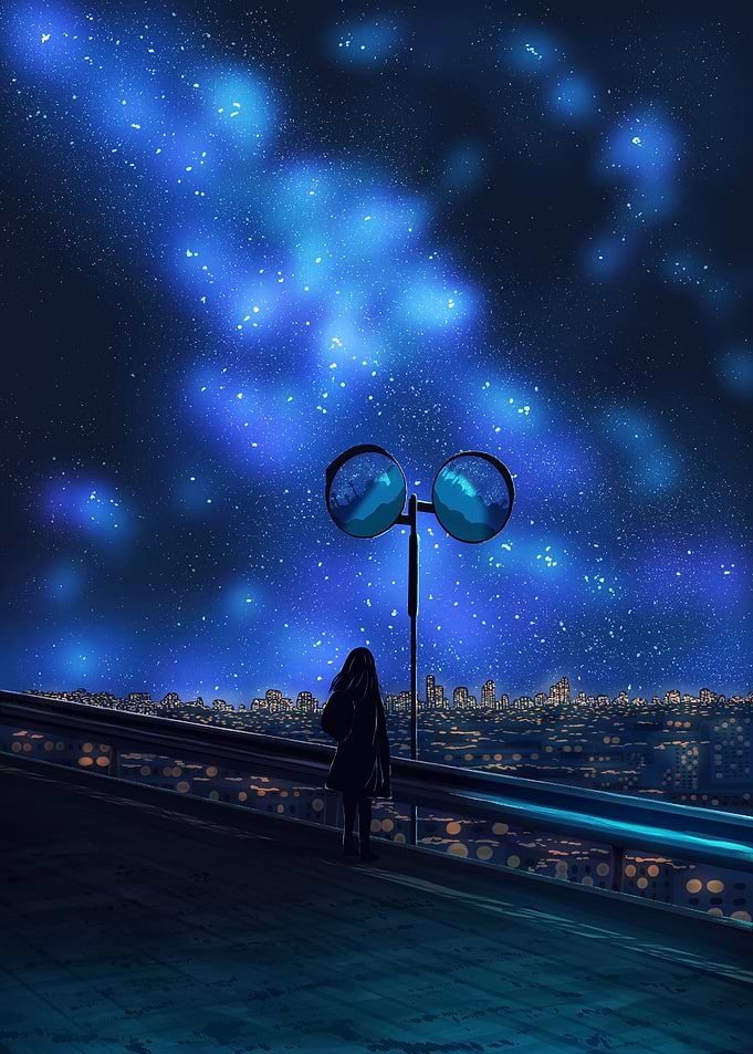 Girl watching starry night over city