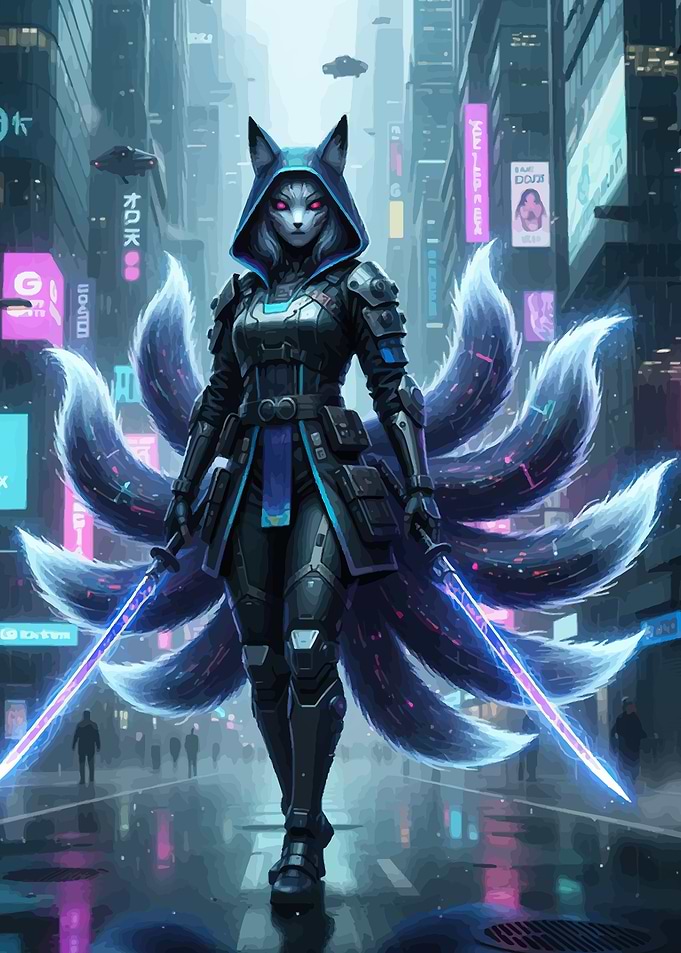 Cyberpunk Fox Warrior with Swords