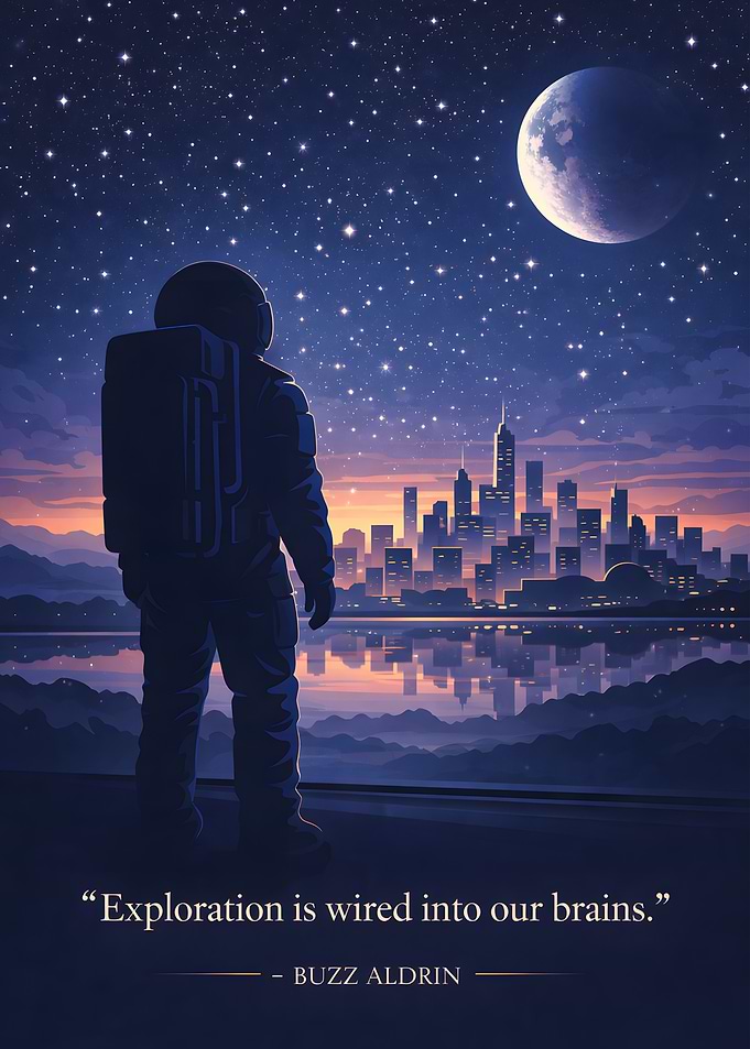 Astronaut gazing at a futuristic city under starry sky