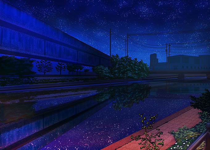 Night cityscape reflection under starry sky