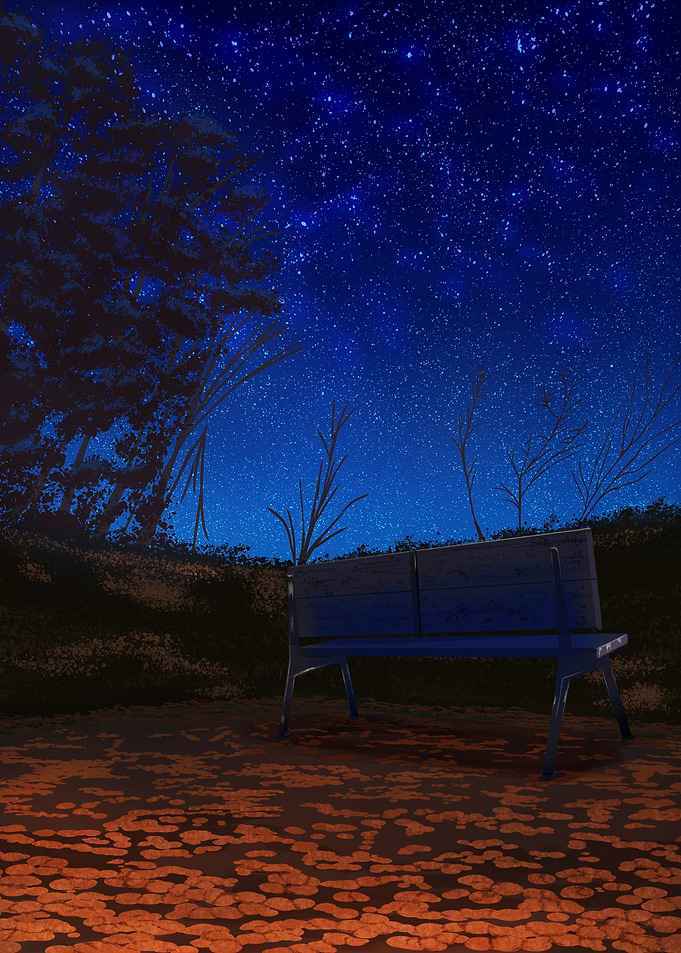 Park Bench Under Starry Night Sky