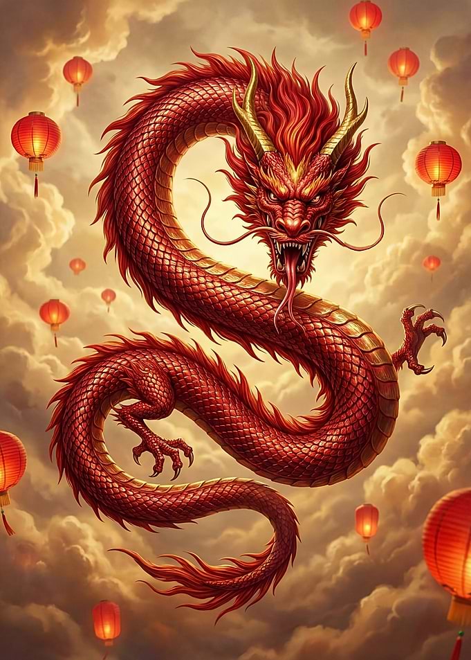 Red Dragon with Lanterns