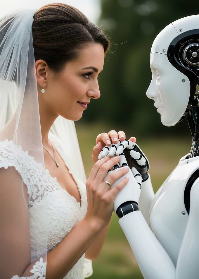 Bride and Robot Holding Hands