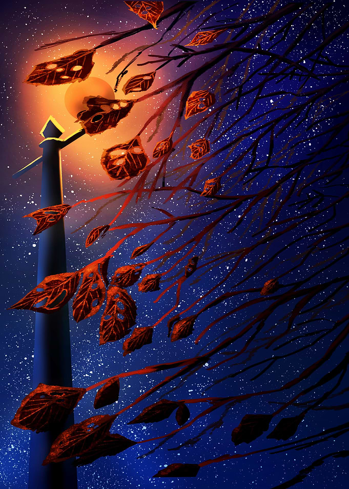 Night Scene with Lamp Post and Autumn Leaves