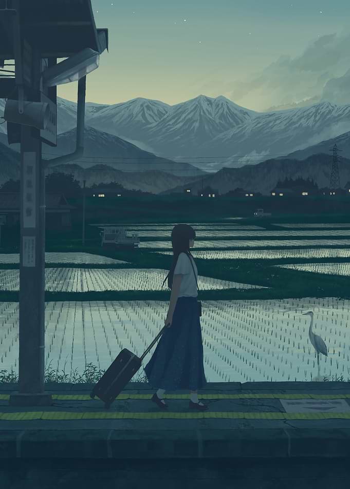 Girl with Suitcase at Train Station