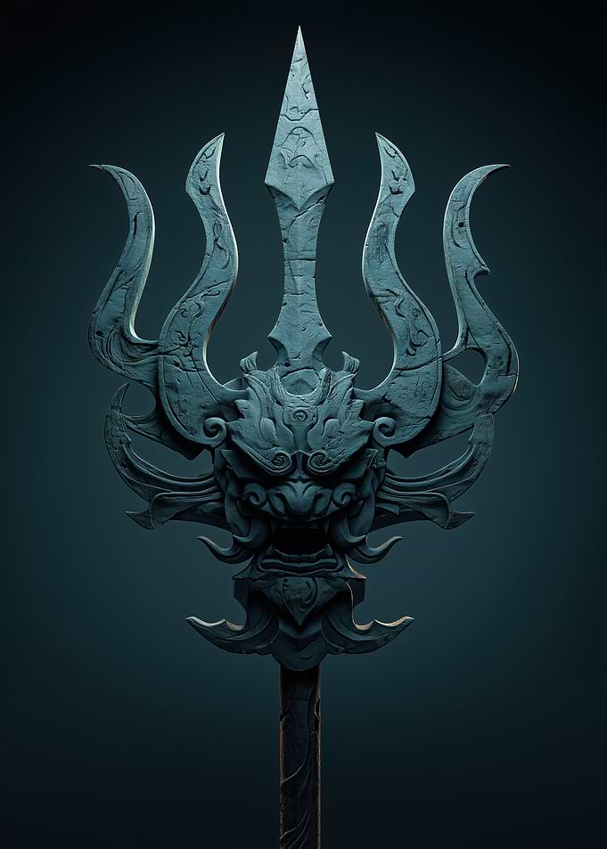 Ornate Stone Trident with Demon Face