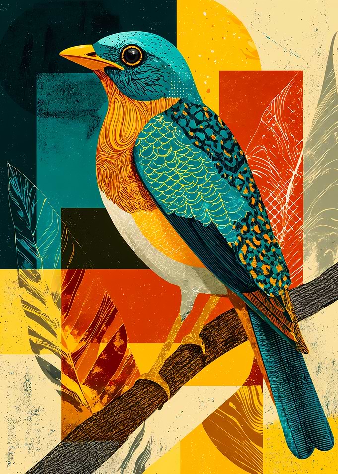 Abstract Colorful Bird On Branch
