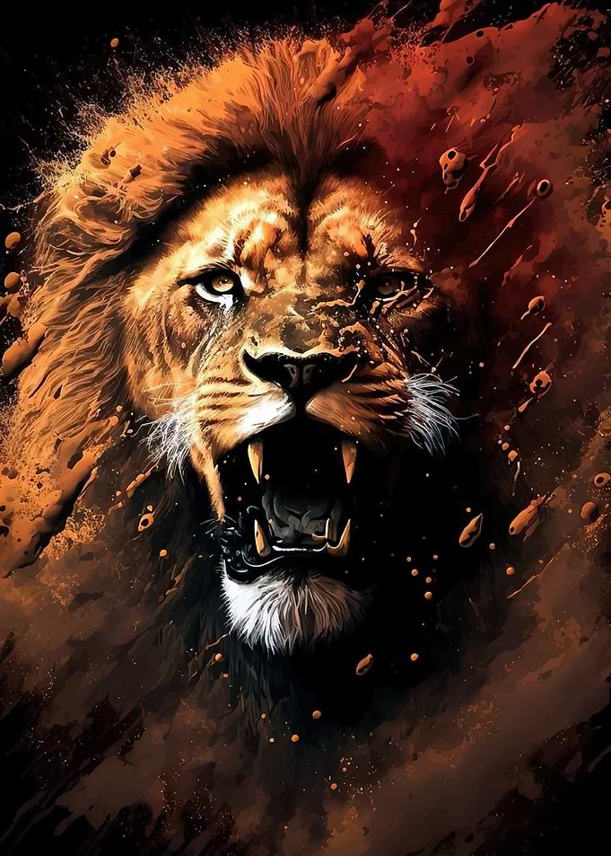 Roaring Lion with Orange Splatter