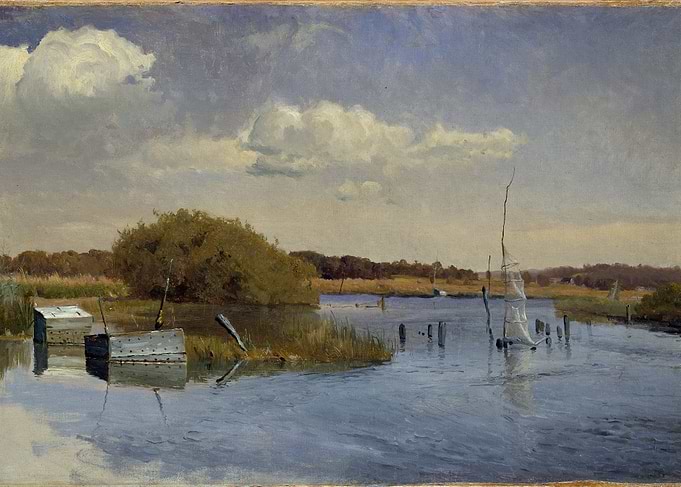 Waterway with Structures and Clouds