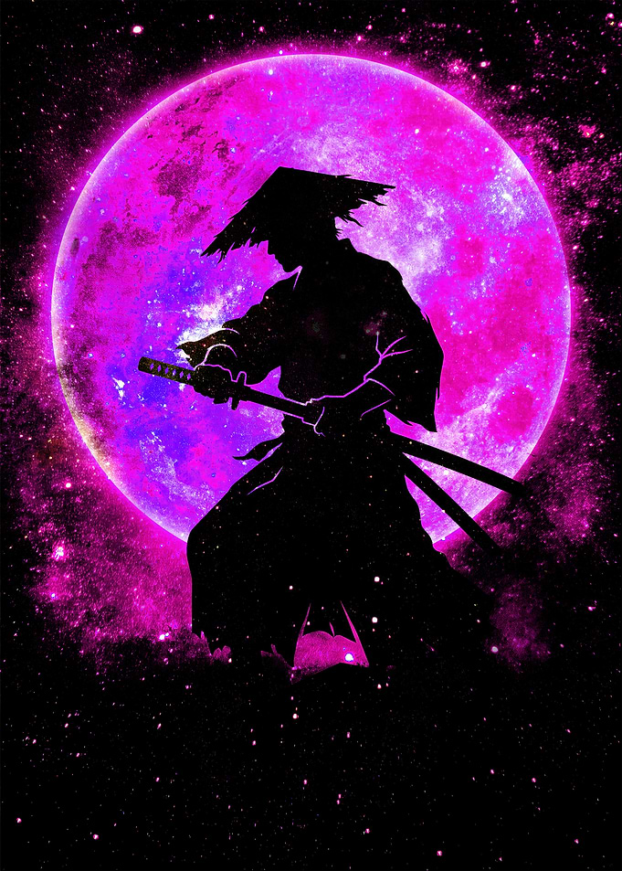 Samurai Silhouette Under Pink Moon