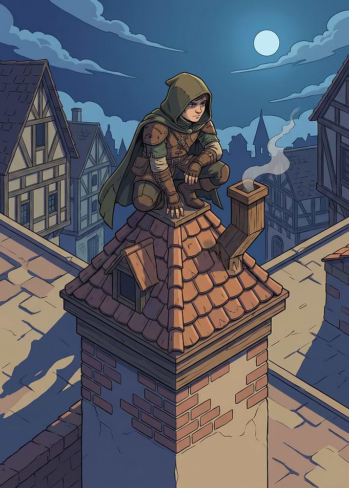 Rooftop Vigil in a Medieval City