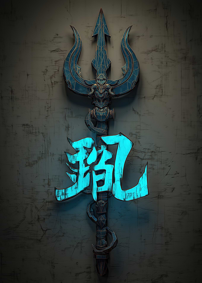 Trident with Glowing Chinese Characters