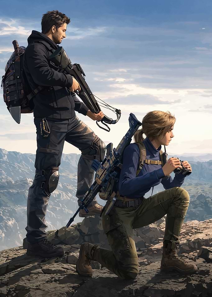 Two adventurers with weapons in mountains