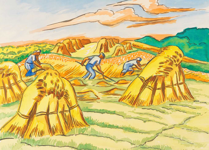 Farmers harvesting wheat in a field