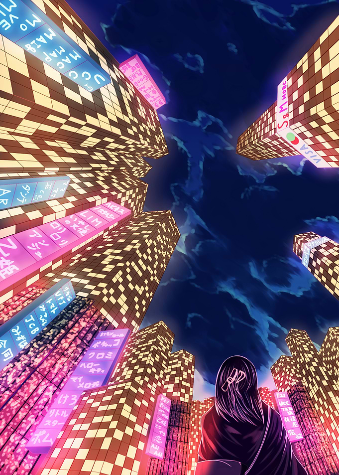 Anime cityscape with neon signs