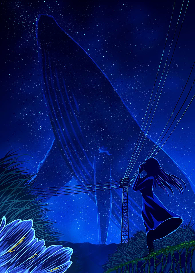 Girl watches a giant whale in the night sky